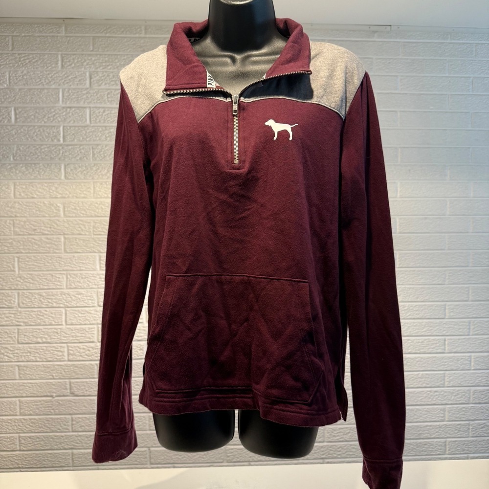 Pink‎ Victoria's Secret Burgundy Gray Quarter Zip Pullover Sweatshirt Dog Logo L